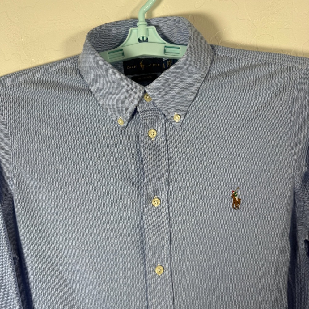 Ralph Lauren Shirt Mens Large Blue Knit Oxford Button Long Sleeve Flesh Pony